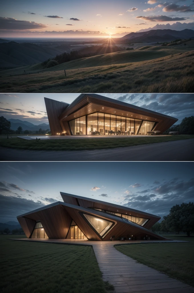 Zaha Hadid style restaurant with wood and metal texture with landscape to the horizon, landscape with twilight on the farm in high quality, with details and high resolution, 8k UHD