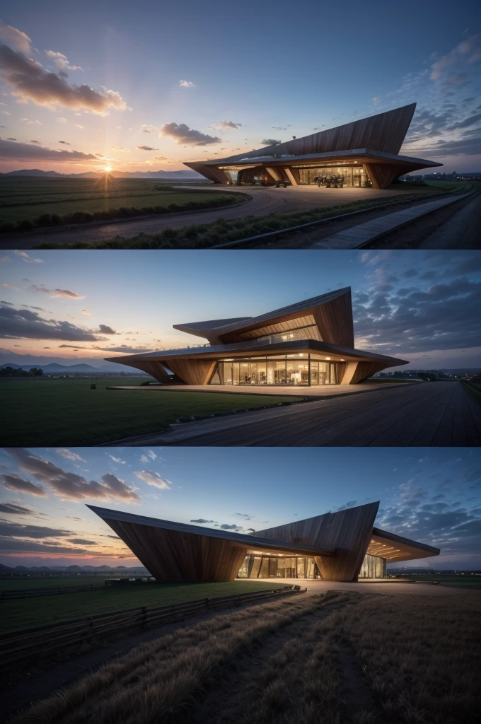 Zaha Hadid style restaurant with wood and metal texture with landscape to the horizon, landscape with twilight on the farm in high quality, with details and high resolution, 8k UHD