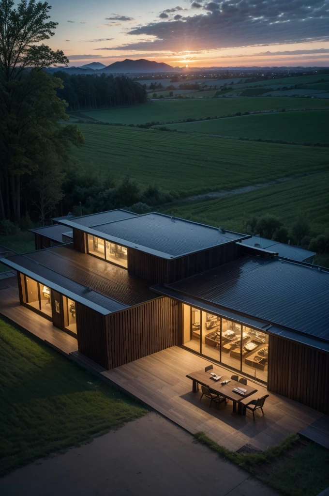 Zaha Hadid style restaurant with wood and metal texture with landscape to the horizon, landscape with twilight on the farm in high quality, with details and high resolution, 8k UHD