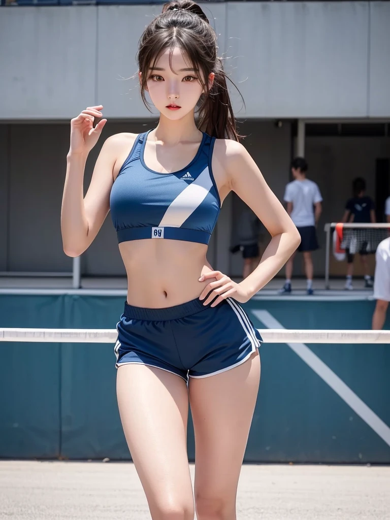 Arabian woman in sportswear posing on court, Sports bra and dark blue shorts, sporty physique, sporty, Korean Girls, Shorts, Sports bra and shorts, Korean women, beautiful south Korean women, Japanese Model, Nice hips and long legs, Shortsをはいたセクシーな女の子, An athletic body, Bra and shorts streetwear, attractive sporty physique, Cute Sportswear