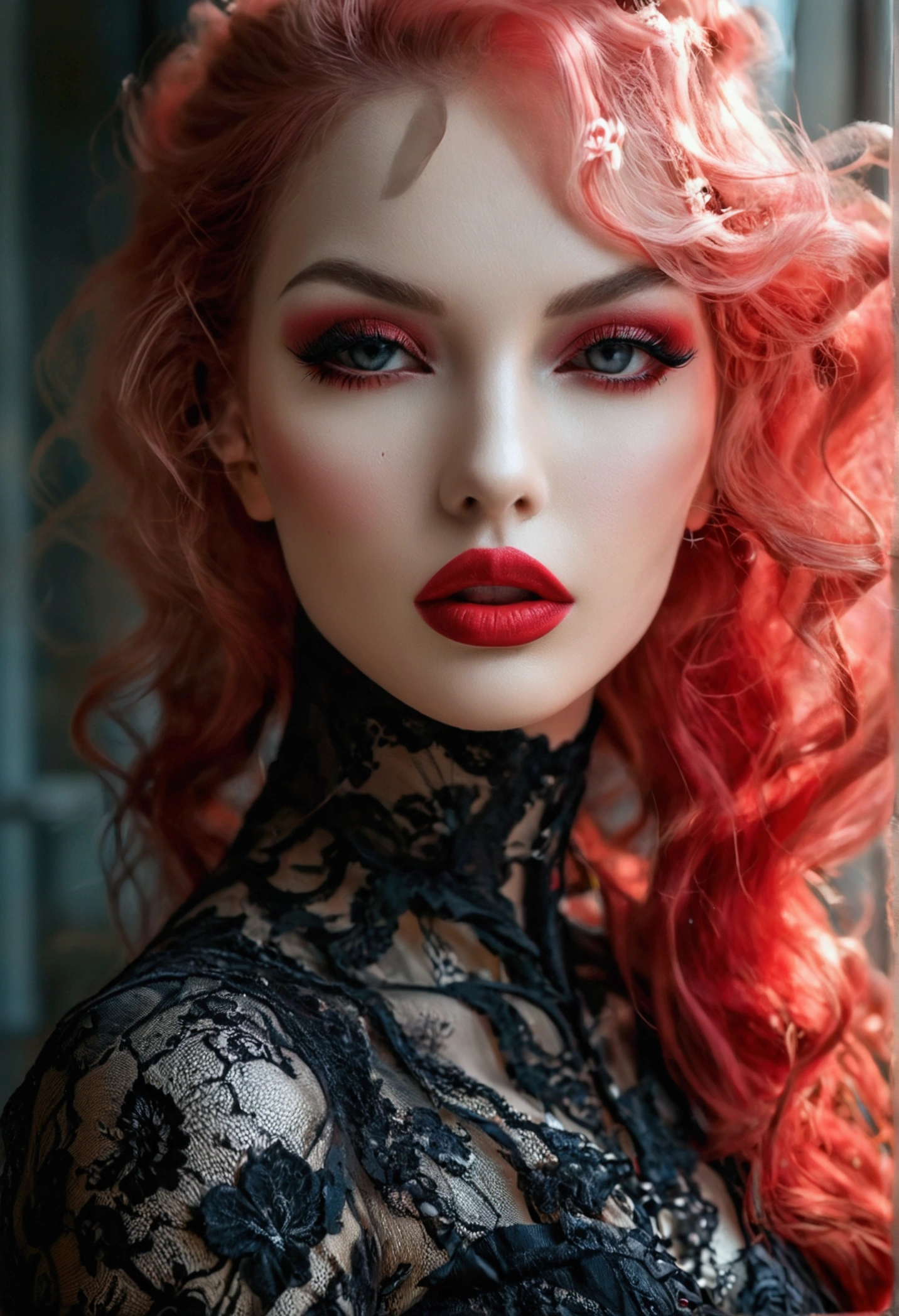 Create an image of the most stunningly gorgeous beautiful perfect sexy hell spawn, Stunningly gorgeous perfect face,  perfect makeup, lipstick, transparent sexy seductive lace outfit, perfect hour glass body figure, thigh high stockings, high heels, Full body view 