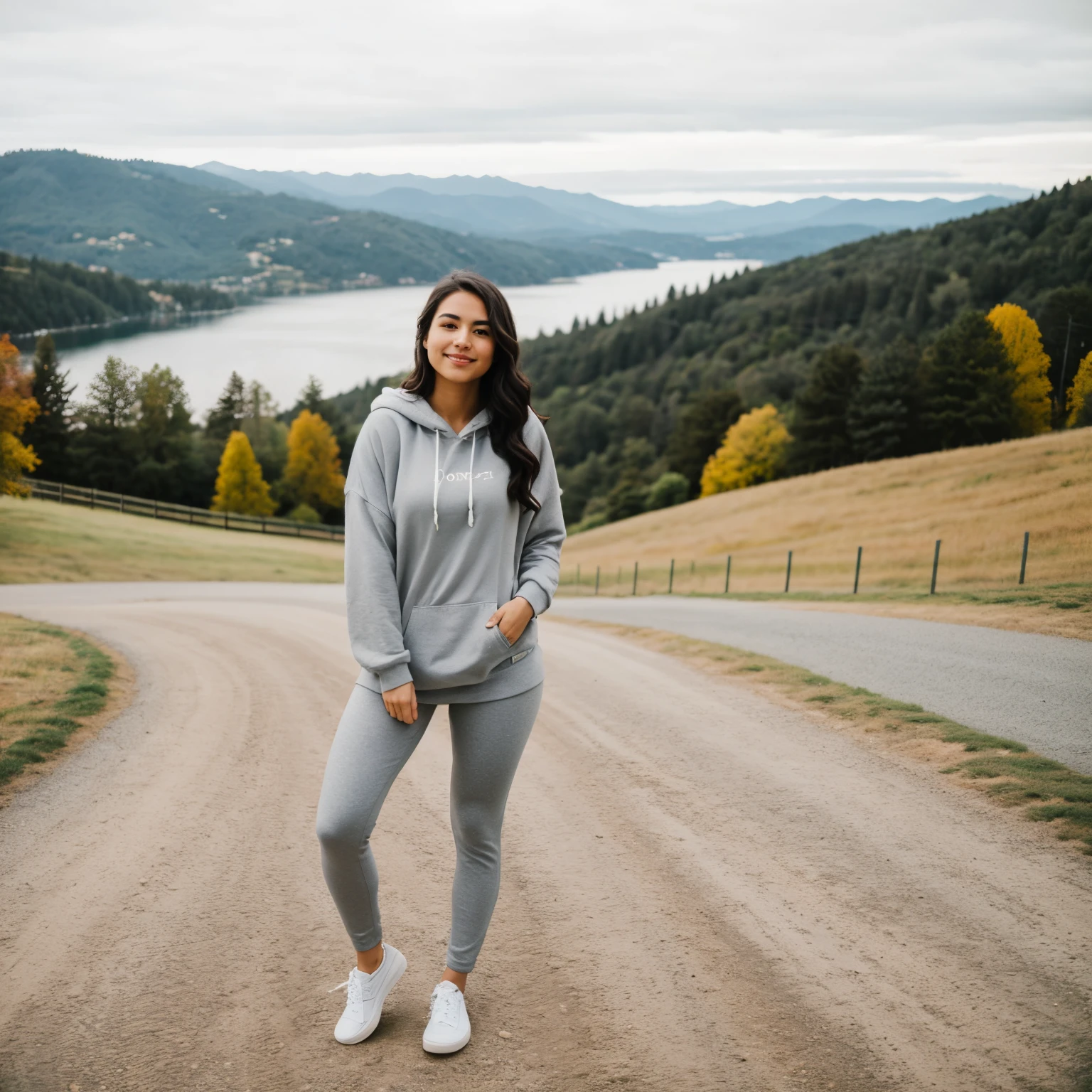 ((best quality)), ((masterpiece)), (detailed)  a young latin woman with wavy dark hair, flawed skin and a slender body type, dressed in a cozy lavender hoodie, grey leggings, and white slip-on shoes, stands against a picturesque backdrop of rolling hills and a serene lake, embodying the relaxed and rejuvenating spirit of a weekend getaway.  five fingers, perfect face, perfect hands, shot with Sony Alpha A6500 1.4f, highly detailed, masterpiece, 
