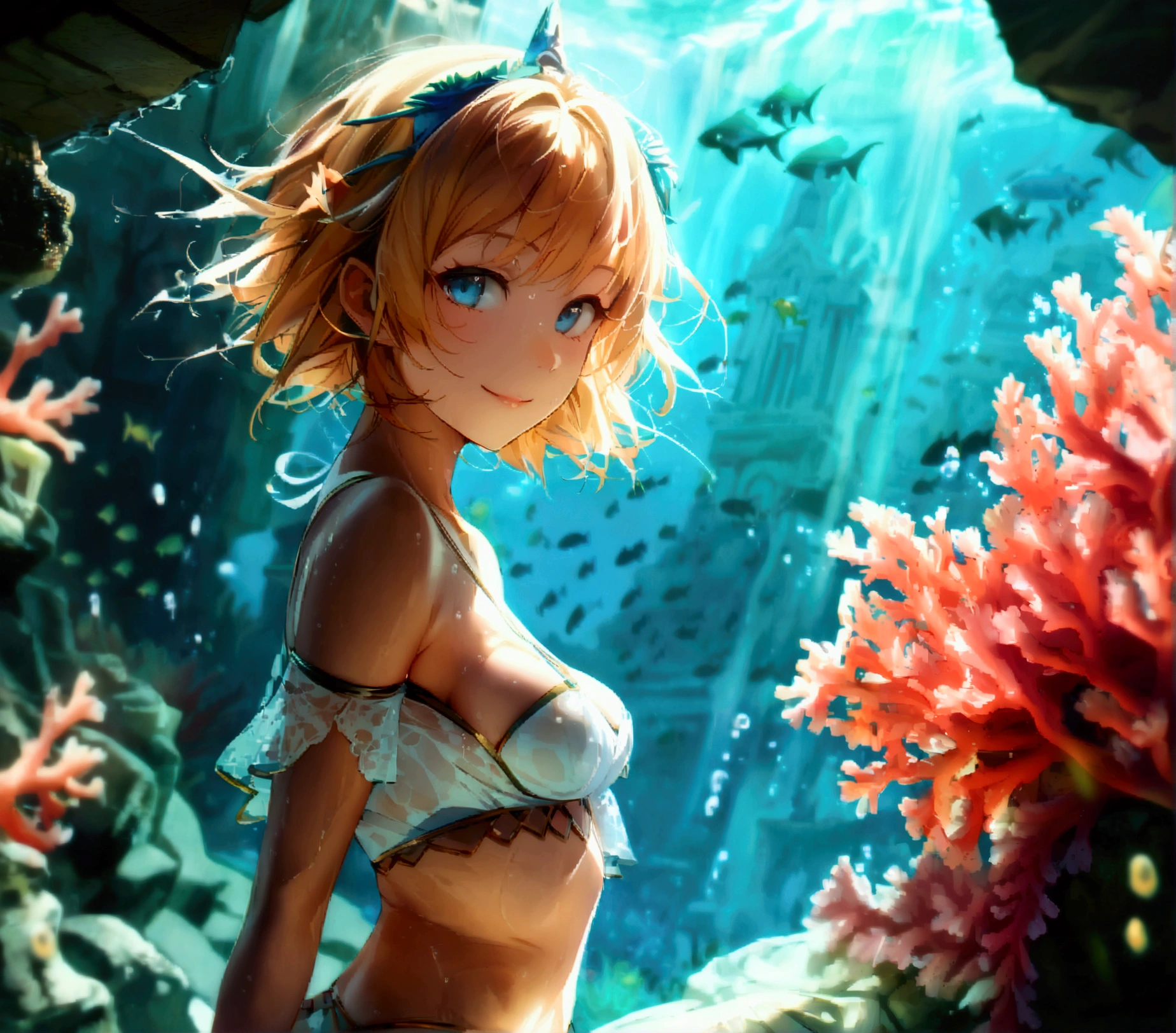 score_9, score_8_up, score_8, NSFW, medium breasts, curvy body, cute, princess ruto, solo, smiling, looking at viewer, cowboy shot, under water, coral reef background, underwater, temple, ruins, cinematic composition, dynamic pose,