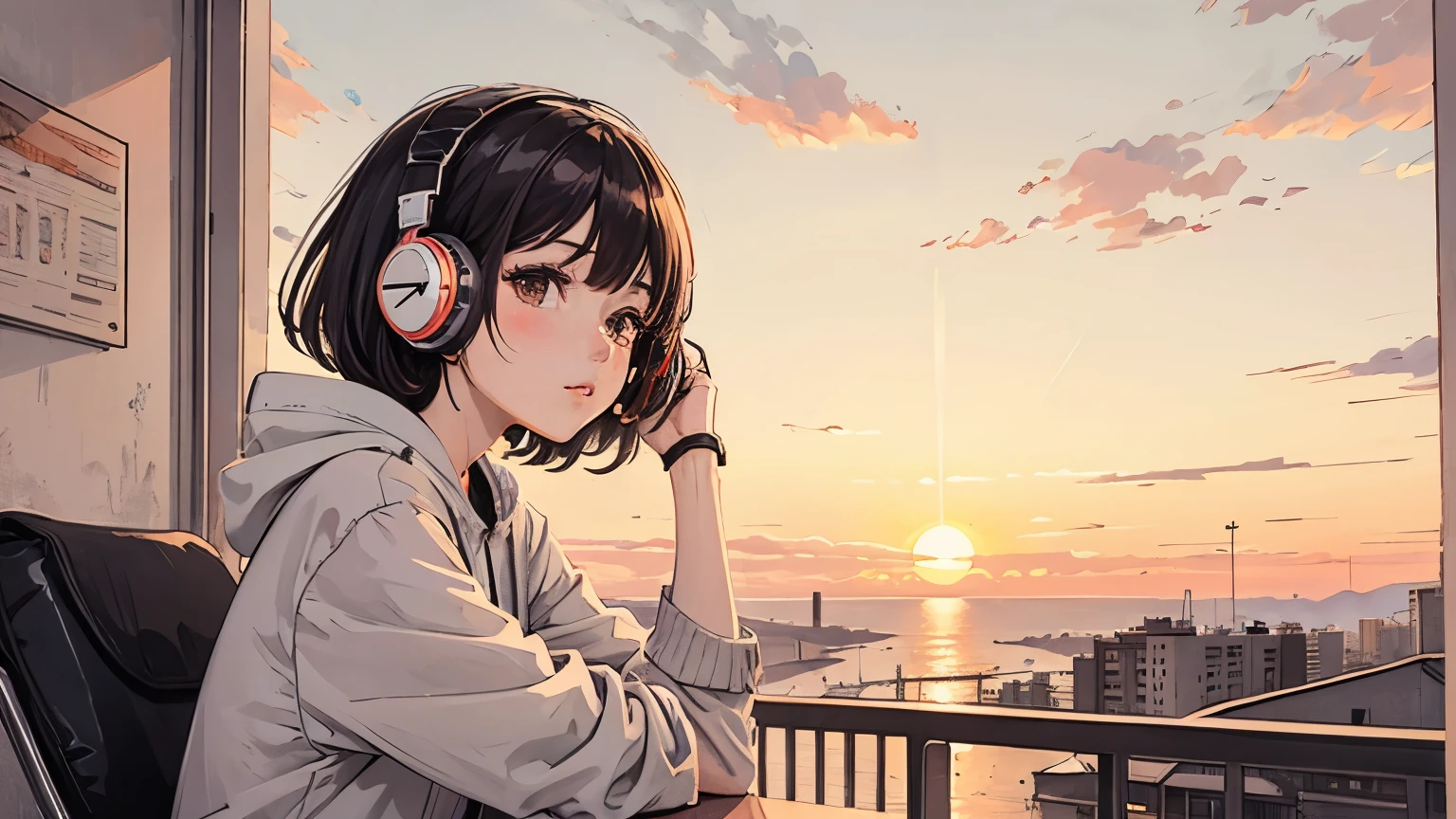 Bob Girl, Wearing headphones, Watching the sunset on the balcony, Warm tones,