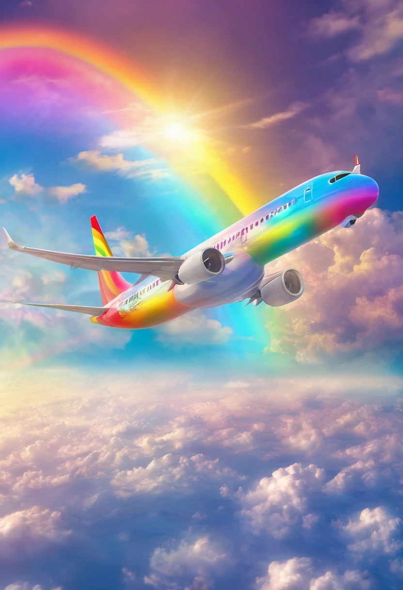 Rainbow Airplane、A plane flying in a rainbow sky,colorful,Beautiful Clouds,wonderful景色,Utopia,An atmosphere full of dreams and hope,masterpiece.16K, Ultra-high resolution, Ultra-high resolution, to be born,wonderful ,future、Iridescent、The world 30 years from now。
