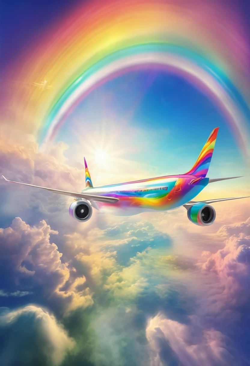 Rainbow Airplane、A plane flying in a rainbow sky，colorful，Beautiful Clouds，wonderful景色，Utopia，An atmosphere full of dreams and hope，masterpiece．16K, Ultra-high resolution, Ultra-high resolution, to be born,wonderful ,future、Iridescent、The world 30 years from now。