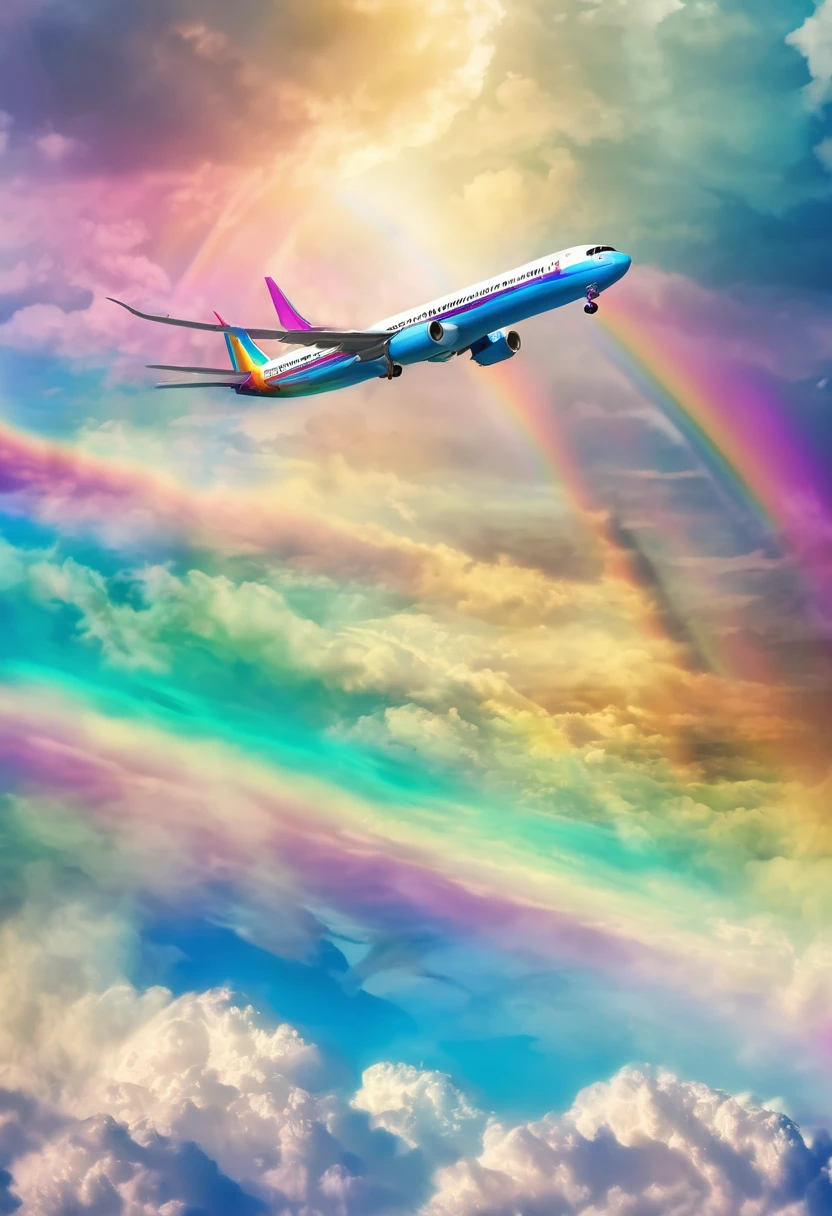 Rainbow Airplane、A plane flying in a rainbow sky，colorful，Beautiful Clouds，wonderful景色，Utopia，An atmosphere full of dreams and hope，masterpiece．16K, Ultra-high resolution, Ultra-high resolution, to be born,wonderful ,future、Iridescent、The world 30 years from now。