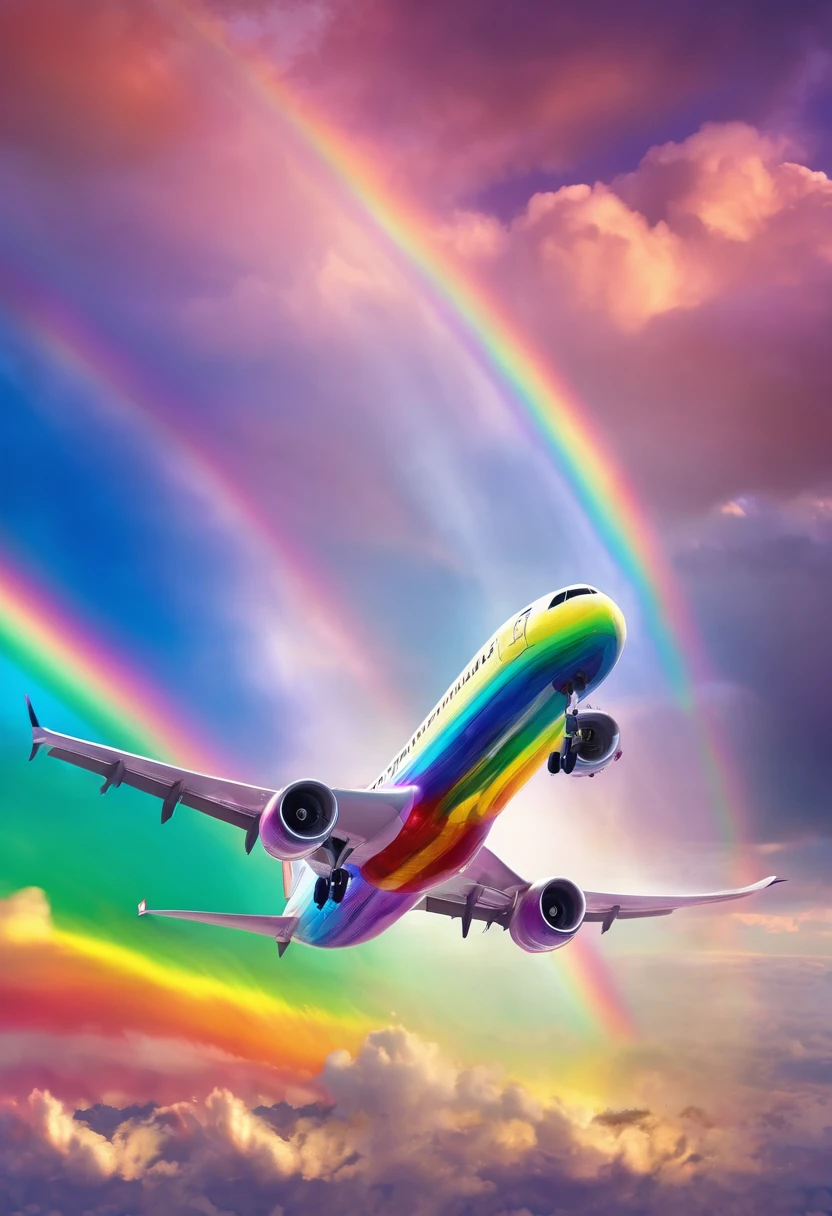 Rainbow Airplane、A plane flying in a rainbow sky，colorful，Beautiful Clouds，wonderful景色，Utopia，An atmosphere full of dreams and hope，masterpiece．16K, Ultra-high resolution, Ultra-high resolution, to be born,wonderful ,future、Iridescent、The world 30 years from now。