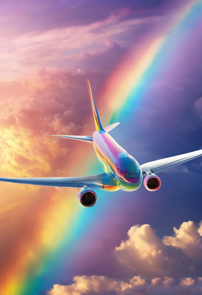 Rainbow Airplane、A plane flying in a rainbow sky,colorful,Beautiful Clouds,wonderful景色,Utopia,An atmosphere full of dreams and hope,masterpiece.16K, Ultra-high resolution, Ultra-high resolution, to be born,wonderful ,future、Iridescent、The world 30 years from now。