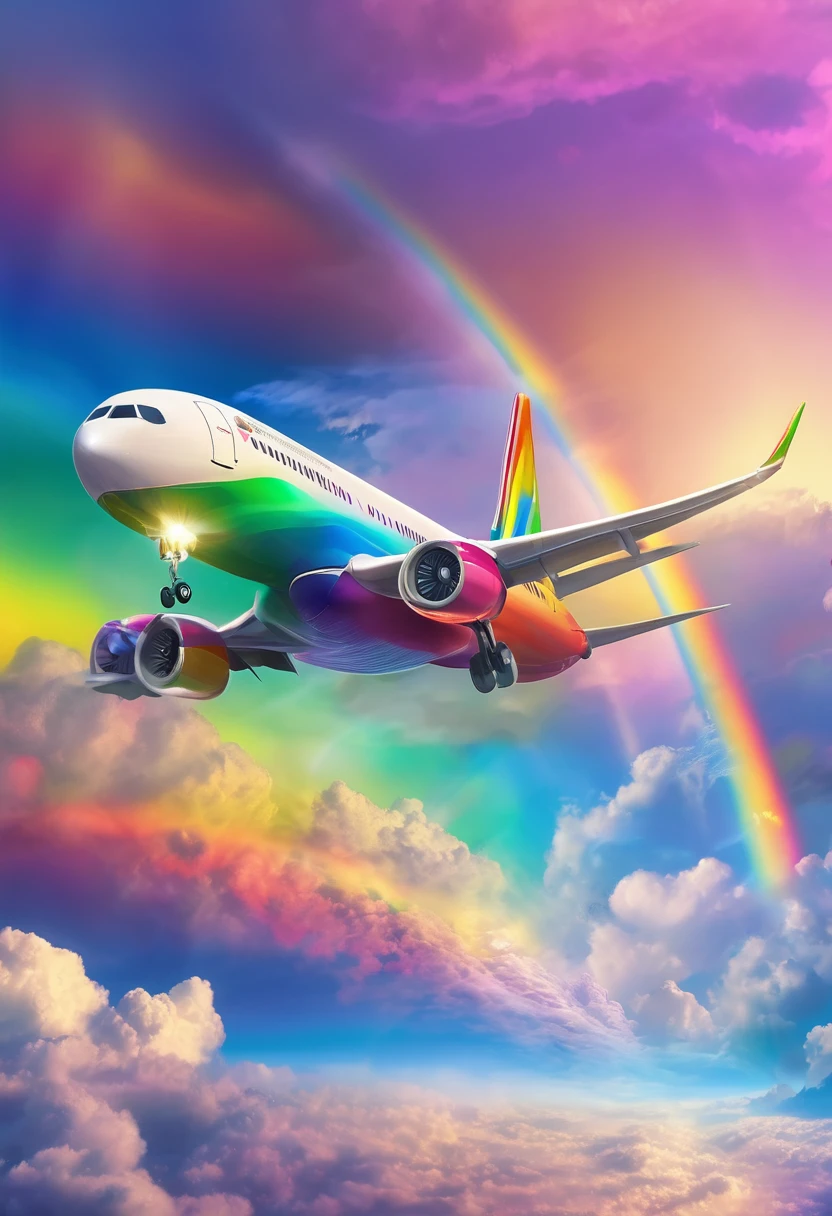 Rainbow Airplane、A plane flying in a rainbow sky,colorful,Beautiful Clouds,wonderful景色,Utopia,An atmosphere full of dreams and hope,masterpiece.16K, Ultra-high resolution, Ultra-high resolution, to be born,wonderful ,future、Iridescent、The world 30 years from now。