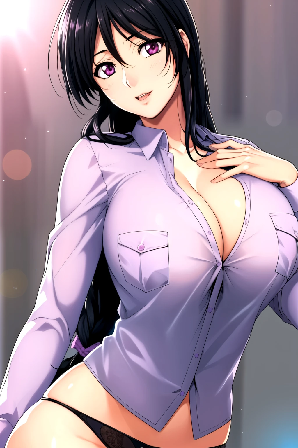 shirt buttons open，Good, Policewoman, Good, underwear, panty, , Black Hair, bow, Weaving,Long hair,Purple Eyes, Good, underwear, panty,1 girl, 20 years old,Young women,beautiful Finger,beautiful long legs,beautiful Body,beautiful Nose,beautiful character design, Perfect eyes, perfect Face,Expressive eyes, Looking at the audience, In the center of the image,(superior_Body),(Focus on her Face), Official Art,Extremely detailed CG unity 8k wallpaper, Perfect lighting,rich and colorful, bright_front_Face_light,Glowing skin, (masterpiece:1.0),(the best_quality:1.0), 超high resolution,4K,Extremely detailed, photography, 8K, Human Development Report, high resolution, absurd:1.2, Kodak Portra 400, Film Grain, Blurred background, Bokeh:1.2, lens flare, (Energetic_color:1.2) (beautiful_breast:1.3), (beautiful_Face:1.5),(narrow_waist),Good, underwear, panty,Perfect hands, Clean fingers, Perfect fingers,full hand