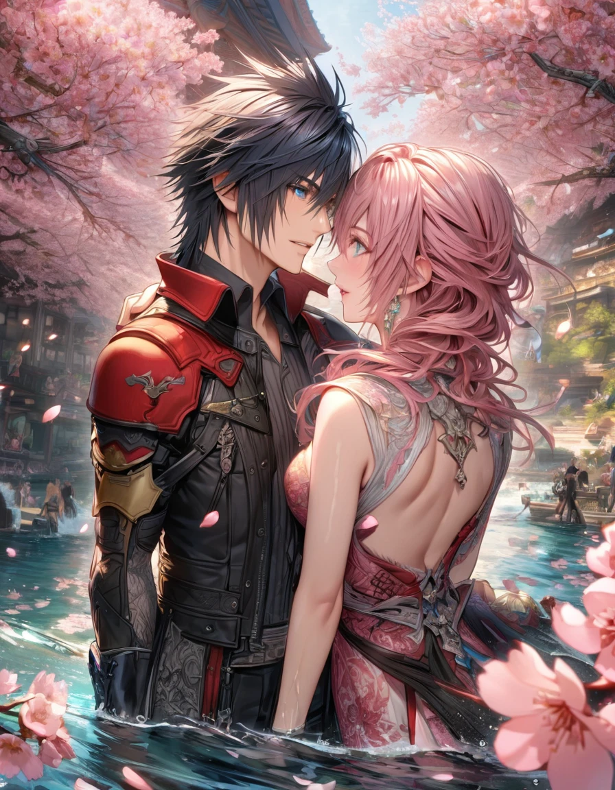Ultra detailed, HDR, Highres, absurdres, master piece, Claire Farron, wavy pink short hair, expressive aqua pale eyes, Lightning Farron, Final Fantasy XIII, Noctis Lucis Caelum, black hair, expressive blue eyes, Final Fantasy XV, a beautiful woman together with a handsome man, couple, love, water, fantasy, magical, white feathers, pink petals, best quality, white and black clothes with patterns, red cape, blossoms, pink flowers, cherry blossoms