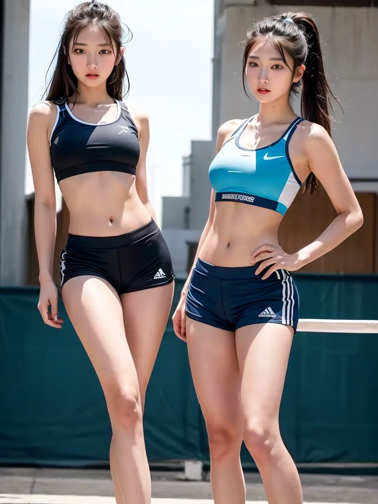 Arabian woman in sportswear posing on court, Sports bra and dark blue shorts, sporty physique, sporty, Korean Girls, Shorts, Sports bra and shorts, Korean women, beautiful south Korean women, Japanese Model, Nice hips and long legs, Shortsをはいたセクシーな女の子, An athletic body, Bra and shorts streetwear, attractive sporty physique, Cute Sportswear