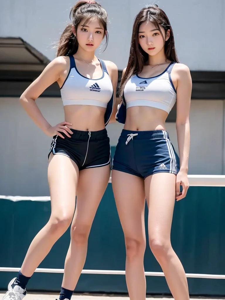 Arabian woman in sportswear posing on court, Sports bra and dark blue shorts, sporty physique, sporty, Korean Girls, Shorts, Sports bra and shorts, Korean women, beautiful south Korean women, Japanese Model, Nice hips and long legs, Shortsをはいたセクシーな女の子, An athletic body, Bra and shorts streetwear, attractive sporty physique, Cute Sportswear