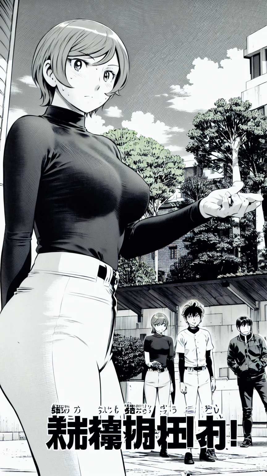 (野球uniform:1.2),
blonde, (short hair:1.2),Long sleeve, Black Shirt, turtleneck,White trousers、uniform、Black belt、((Illustration of a person))、big 、Muddy、Soil stains、ドロドロのuniform、
View your audience,, (Highest quality:1.3),One Girl, White pants、uniform、Outdoor、baseball ground、ground、soil、blue eyes、Tight black shirt、(masterpiece、Highest quality)、Highest quality, Ultra-high resolution, (((masterpiece))), alone, Sweat、big eyes、big Breasts、Torn clothes、 Fully exposed、Nipples、One Girl, Front view、Embarrassed face、Bronze colored hair、((short hair))、Stand up straight、Cowboy Shot