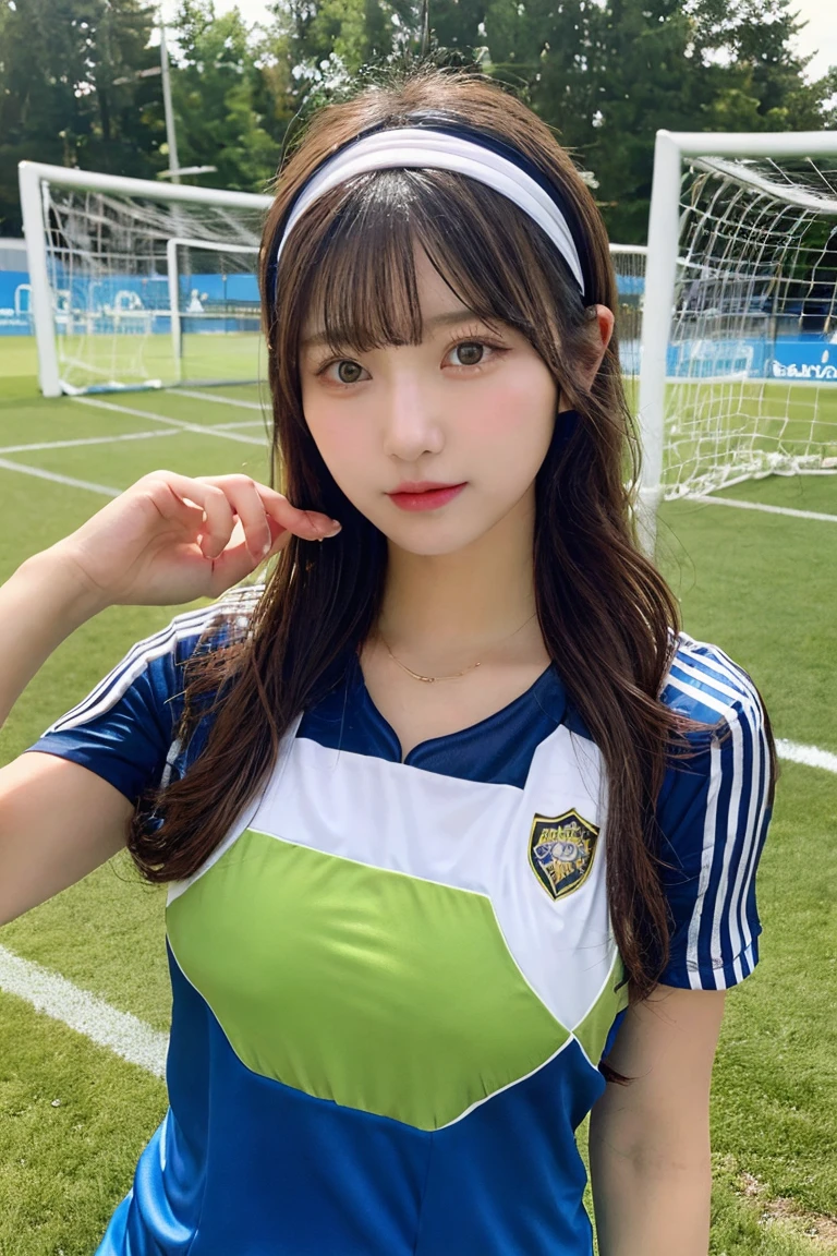 1 beautiful girl , masterpiece, high quality, best quality, extremely detailed,(((wearing soccer wear))),hairband , ((nsfw)),Busty Breasts