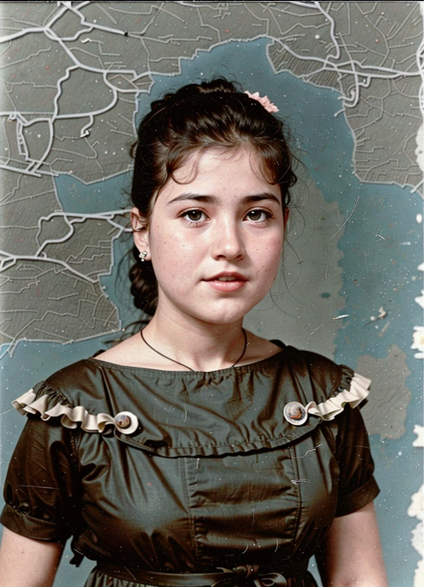 arafed photo of a young girl in a brown dress, a colorized photo, color restoration, colored photo