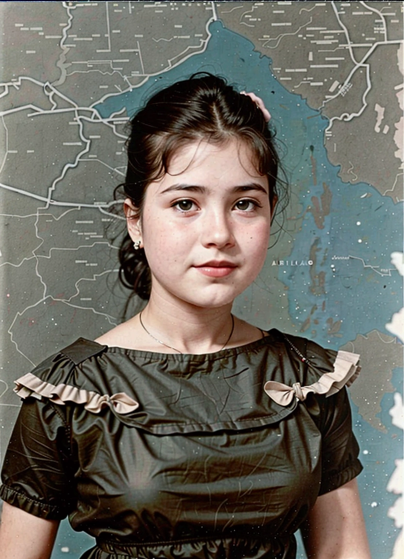 arafed photo of a young girl in a brown dress, a colorized photo, color restoration, colored photo