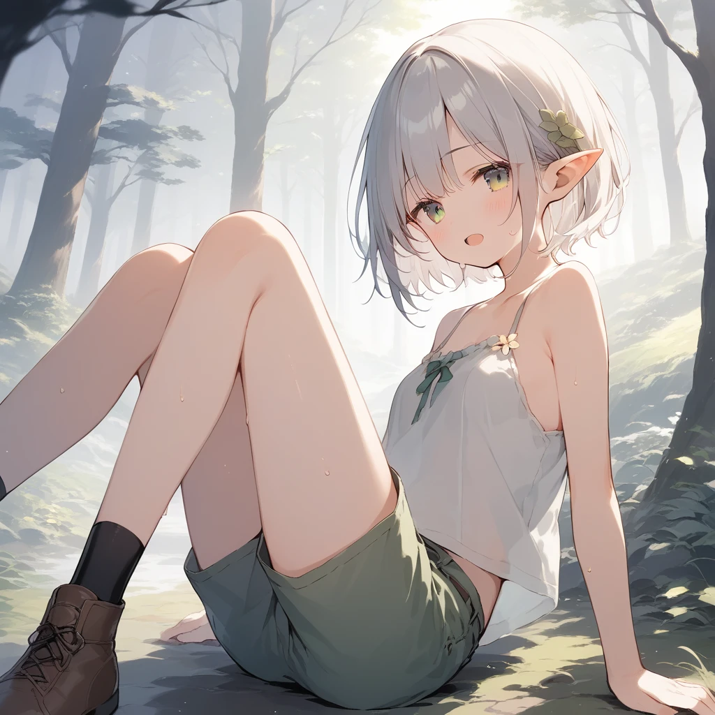 score_9, score_8_up, score_7_up, source_anime, best quality, masterpiece, official art, absurdres, highres, ultra-detailed,waifu2x,Collection: Slice of Life,break,1girl, elf, cool, short hair, slender, androgynous, small breasts, beautiful detailed eyes, green shorts, sweat, open mouth, sleepily, outdoors, forest, spring,break,(clear line illustration:1.2), super detailed skin,very high resolution, very aesthetic, Best sexual lighting powered by famous artist, 8k,cute picture,beauty illustration,photoshop_(medium),,(Detailed Lighting),best anime 8k konachan wallpaper, pixiv contest winner,