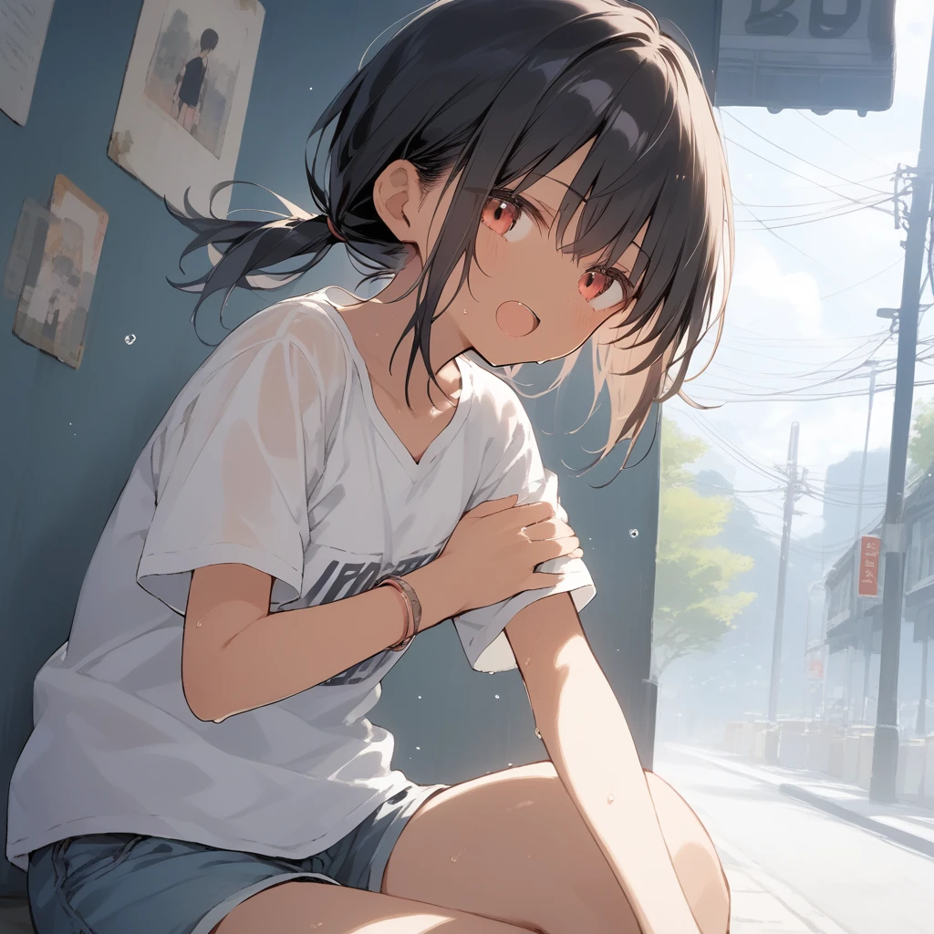 score_9, score_8_up, score_7_up, source_anime, best quality, masterpiece, official art, absurdres, highres, ultra-detailed,waifu2x,Collection: Slice of Life,break,1girl, tomboy, dark-skinned female, short hair, low ponytail, flat chest, beautiful detailed eyes, short shorts, sweat, open mouth, (yawn:0.3), sleepily, outdoors, wind,break,(clear line illustration:1.2), super detailed skin,very high resolution, very aesthetic, Best sexual lighting powered by famous artist, 8k,cute picture,beauty illustration,photoshop_(medium),,(Detailed Lighting),best anime 8k konachan wallpaper, pixiv contest winner,