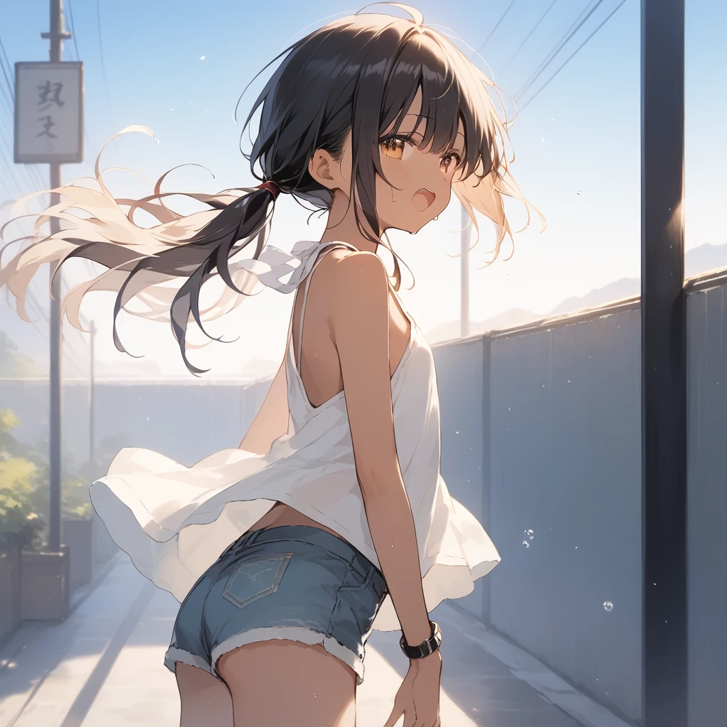 score_9, score_8_up, score_7_up, source_anime, best quality, masterpiece, official art, absurdres, highres, ultra-detailed,waifu2x,Collection: Slice of Life,break,1girl, tomboy, dark-skinned female, short hair, low ponytail, flat chest, beautiful detailed eyes, short shorts, sweat, open mouth, (yawn:0.3), sleepily, outdoors, wind,break,(clear line illustration:1.2), super detailed skin,very high resolution, very aesthetic, Best sexual lighting powered by famous artist, 8k,cute picture,beauty illustration,photoshop_(medium),,(Detailed Lighting),best anime 8k konachan wallpaper, pixiv contest winner,