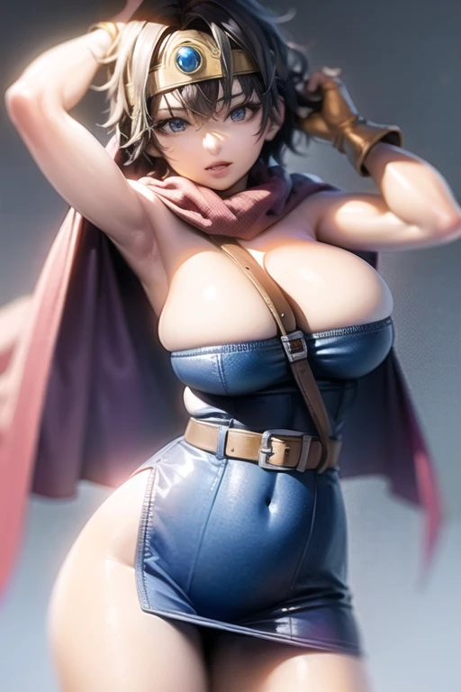 (masterpiece, Highest quality:1.1), (背中にsheathに収められた武器:1.2), internal (dq3), One girl, alone, short hair, Brown Hair, blue eyes, Circlet, Large Breasts, Cleavage, Strapless, Blue clothes, Purple Cape, Knee socks, Elbow hand pockets, boots, belt, sheath,, knee boots, Simple Background、Big breasts that are about to burst、The body is covered in smooth, shiny oil.、Muscle Girls