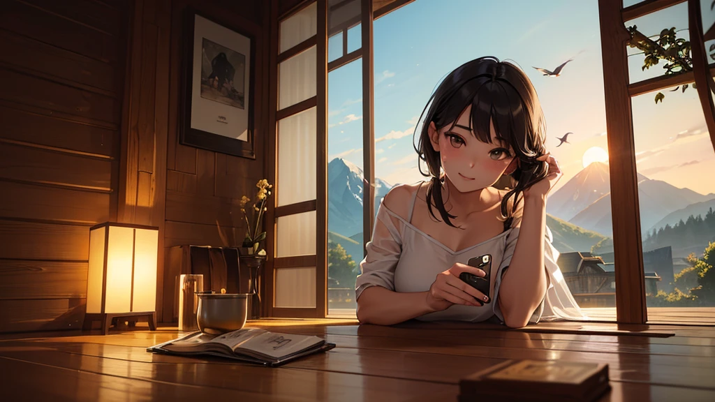 1 beautiful young Asian girl and a hummingbird kissing her cheek ((trunk selfie, glad)), work of art, best qualityer, ultra detali, floor, open air, (natta), mountainscape, naturey, (stele, moonligh) happy, glad, forst, stones, Riu, Wood, smoke, eyeshadows, sharp contrast, Clear sky, styled, (warm toned, warm toned): 1.2), close up, cinematic light, side lighting, ultra high resolution,  best shade, cru, trunk, realistic styled  
