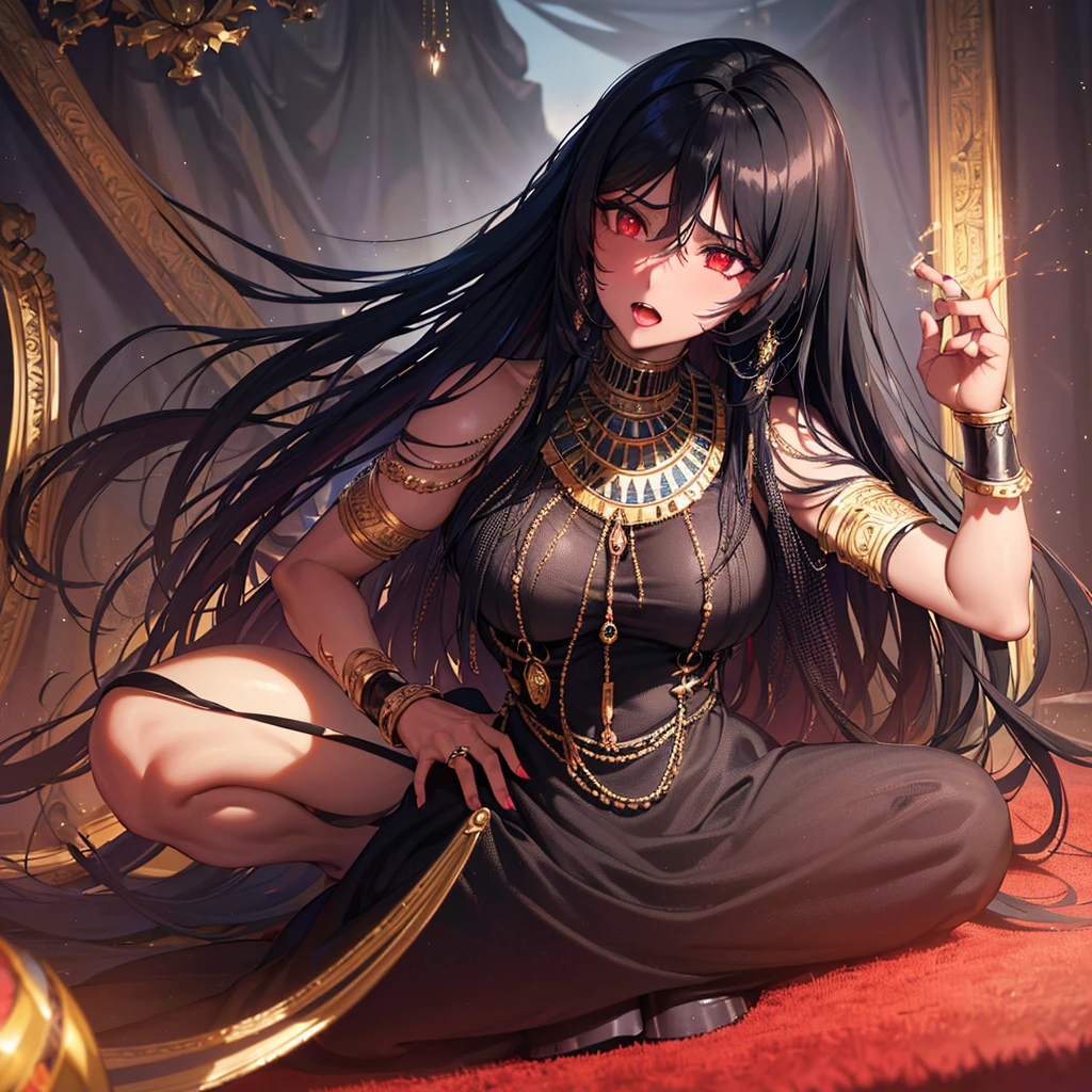 a black woman with long curly black hair, red demonic eyes, wearing an egyptian dress, (best quality,4k,8k,highres,masterpiece:1.2),ultra-detailed,(realistic,photorealistic,photo-realistic:1.37),intricate details,highly detailed face,cinematic lighting,dramatic shadows,moody atmosphere,vivid colors,dark fantasy,portrait,gothic,occult,mystical