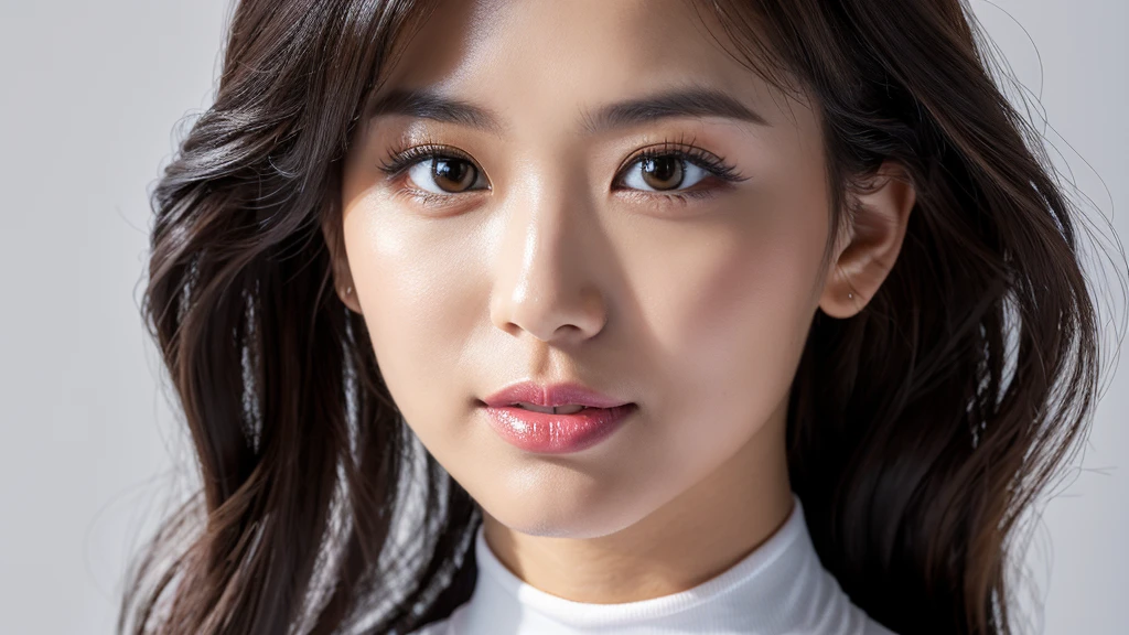 (Detailed face),(vivid),(Silver)Turtleneck sleeveless lightweight dress,4K,Ultra-high resolution,(Photorealistic:1.7),Black long hair,White Background,