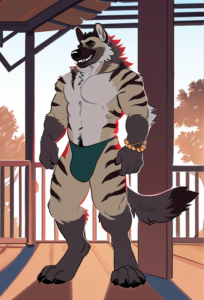 solo, male, anthro (striped hyena), by tritscrits, (by botch:0.7), digitigrade, digital artwork, (flat colors:1.3), striped hyena tail, mature male, sexy, ((detailed background)), athletic, gray fur, looking at camera,