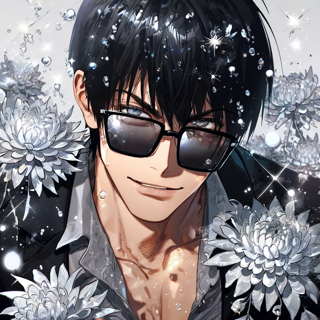 absurdres, highres, ultra detailed, HDR, master piece, best quality, extremely detailed, Nicholas D Wolfwood, black hair, black sunglasses, expressive gray eyes, Trigun, solo, sexy man, handsome, smile, black jacket, gray shirt, fantasy, water, sparkling, silver glittering fireflies, silver moon, silver blossoms, silver chrysanthemums, silver sparkling lights, starry sky, magical