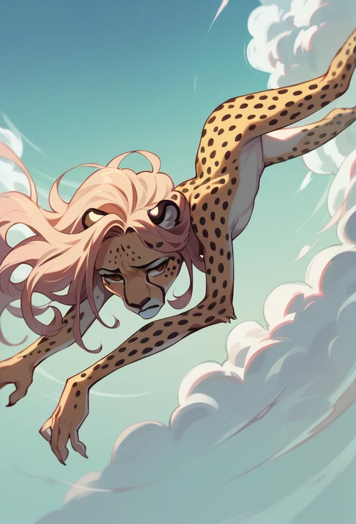 Felina loira, black spots, cheetah, long hair covering the naked body, falling from the sky, sad face, realisitic. 品質