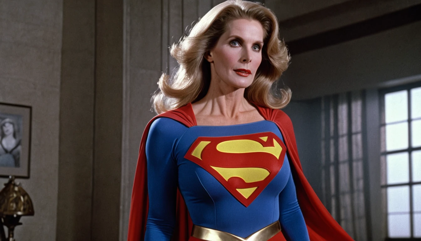 Power sexy Superold woman Julie Hagerty Supergirl 1984s DC comics costume; big and strong breasts. HD. Photograph, ((realism)), extremely high quality RAW photograph, ultra detailed photograph, sharp focus, high resolution, (detailed skin:1,3),high quality, film grain, Fujifilm XT3,Highly Detailed, movie, (Cinematic Photo:1.3) of (Realistic:1.3)