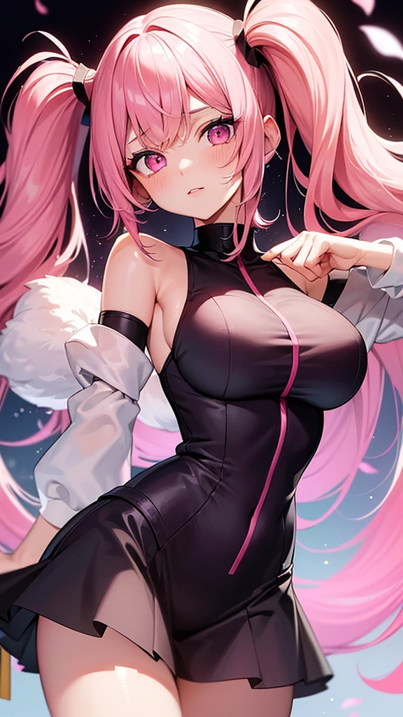 (Highest quality,Super detailed,girl),Pink Hair,Height: 160cm,cute,Pink Eyes,Twin tails,Big Breasts,Her eyes are white and shining,Look at me from up close,Has bright white eyes,Has an embarrassed look on his face,I'm wearing a swimsuit,