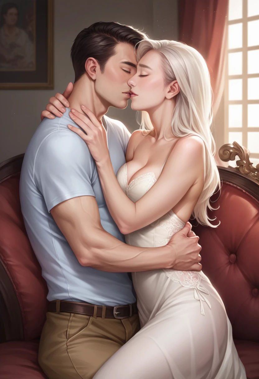 a beautiful young chinese woman in her 30s, a handsome chinese man in his 45s, intimate romantic scene, high quality, 8k, photorealistic, detailed facial features, detailed clothing, bedroom interior, soft lighting, passionate embrace, sensual poses, warm color tones