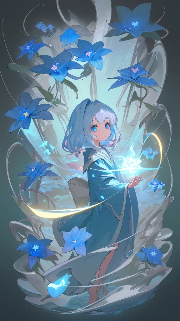 Highest quality,masterpiece,Detailed Details,Super detailed,colorful,The background is the deep blue sea,Transparency,Use HDR technology to create a sense of depth,beautiful,beautiful自然,5 year old girl,Alone,Wearing a wizard's robe,Stand in the center of the screen,The whole body faces this way,Look diagonally forward to the left,Put your right hand forward in a three-dimensional way,A star-like light from the right,Light magic from the right hand,Narrow and gentle eyes,mysterious,Silver hair decorated with blue flowers,Fantasy atmosphere,beautiful虹色の蝶々is flying in the air