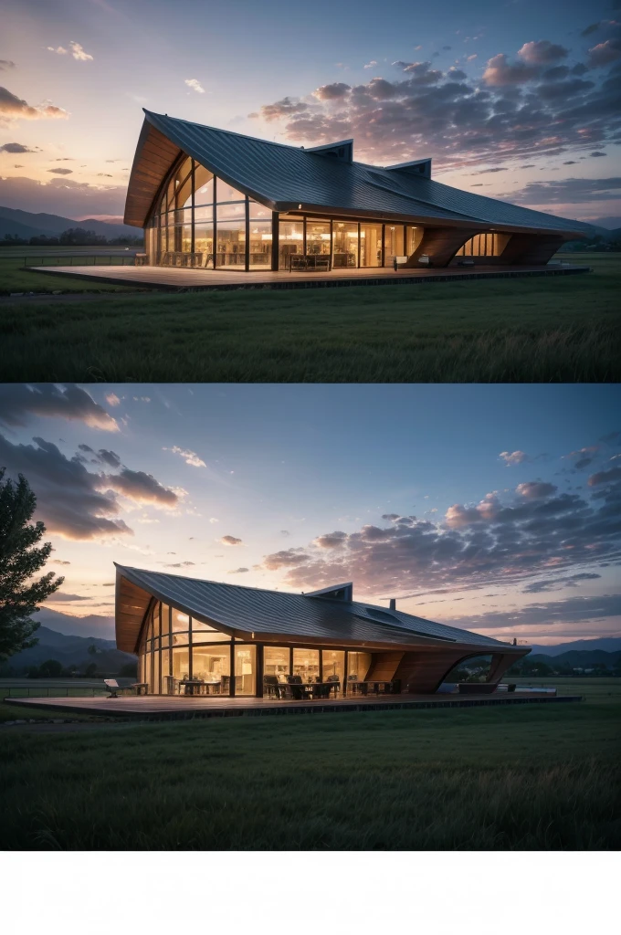 Zaha Hadid style restaurant with wood and metal texture with landscape to the horizon, landscape with twilight and sunset on the farm in high quality, with details and high resolution, 8k UHD