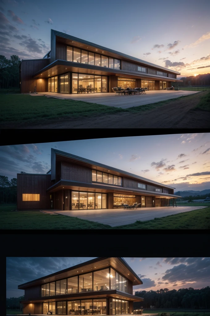 Zaha Hadid style restaurant with wood and metal texture with landscape to the horizon, landscape with twilight and sunset on the farm in high quality, with details and high resolution, 8k UHD