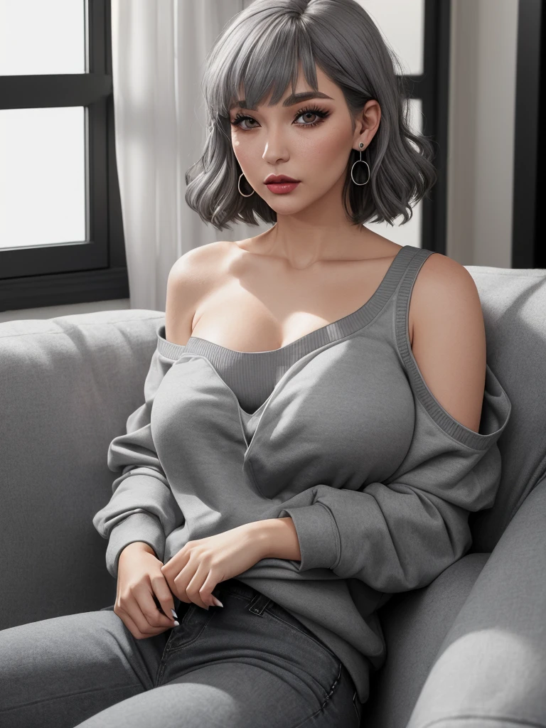 35-year-old woman with European facial features, (((gray shoulder-length hair))), bangs, makeup, earrings and jewelry, eyelashes, (((black blouse with a low-cut neckline with an open gray sweatshirt on))), large breasts, jeans, sitting on the sofa, looking at viewer, darkened room, zoom