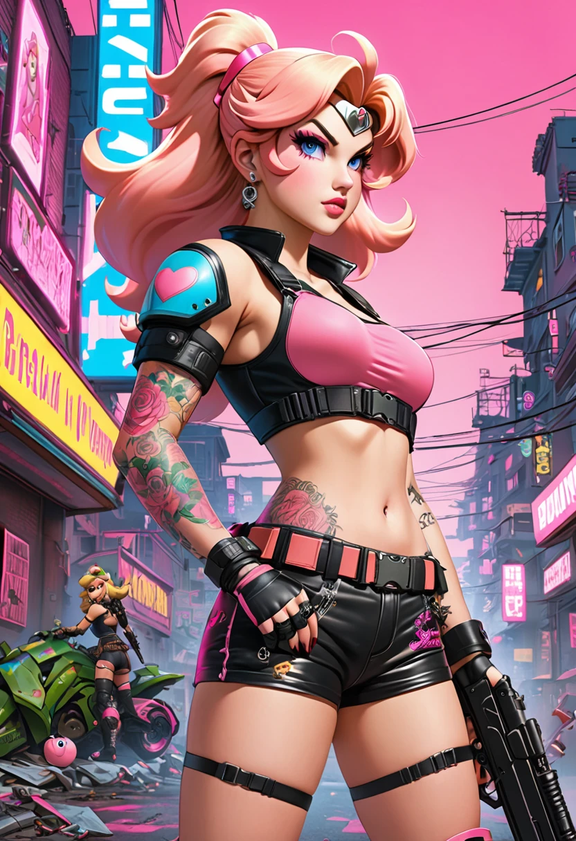 
Imagine Princess Peach as a reveled female bounty hunter, with tattoos and pink highlights, in a crime neighborhood in a city and a cyber-punk era.
