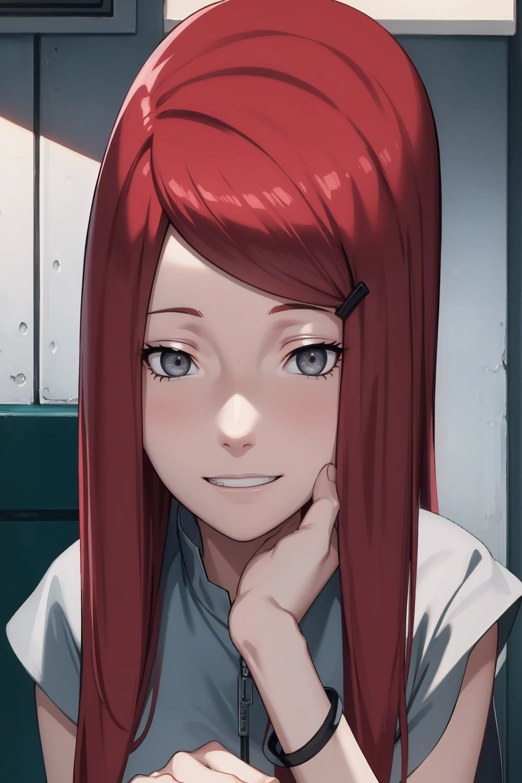 {-error_of_Anatomy:1.0} kushina, kushina, wide, hair ornament, Red hair, Red head, Hair clip, (grey eyes:1.5), break shirt, dress, jewelry, White shirt, short sleeves, oflantal, bracelet, green oflantal, neck, REST looking at the viewer, parte superior ofl cuerpo, whole body, tiro of vaquero, REST inside, BREAK (Masterpiece:1.2), Best Quality, high resolution, fondo of pantalla of unidad 8k, (illustration:0.8), (Hermosos ojos oftallados:1.6), cara extremadamente oftallada, perfect lighting, CG extremadamente oftallado, (perfect hands, Anatomy perfecta), closing your eyes in his smile