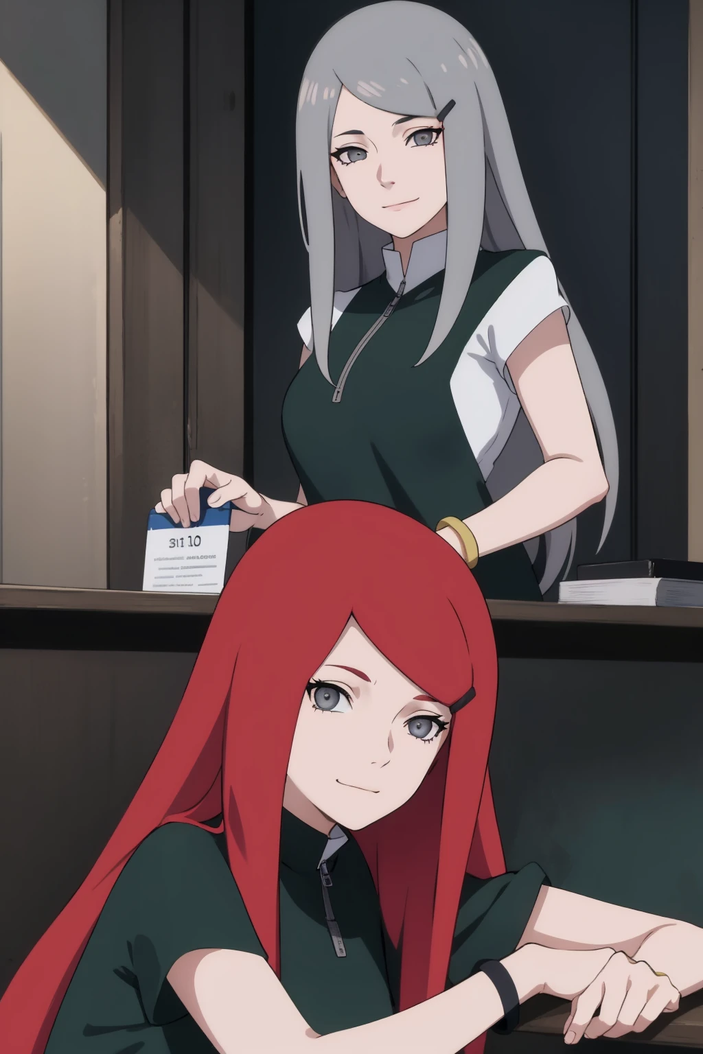 {-error_of_Anatomy:1.0} kushina, kushina, wide, hair ornament, Red hair, Red head, Hair clip, (grey eyes:1.5), break shirt, dress, jewelry, White shirt, short sleeves, oflantal, bracelet, green oflantal, neck, REST looking at the viewer, parte superior ofl cuerpo, whole body, tiro of vaquero, REST inside, BREAK (Masterpiece:1.2), Best Quality, high resolution, fondo of pantalla of unidad 8k, (illustration:0.8), (Hermosos ojos oftallados:1.6), cara extremadamente oftallada, perfect lighting, CG extremadamente oftallado, (perfect hands, Anatomy perfecta), closing your eyes in his smile
