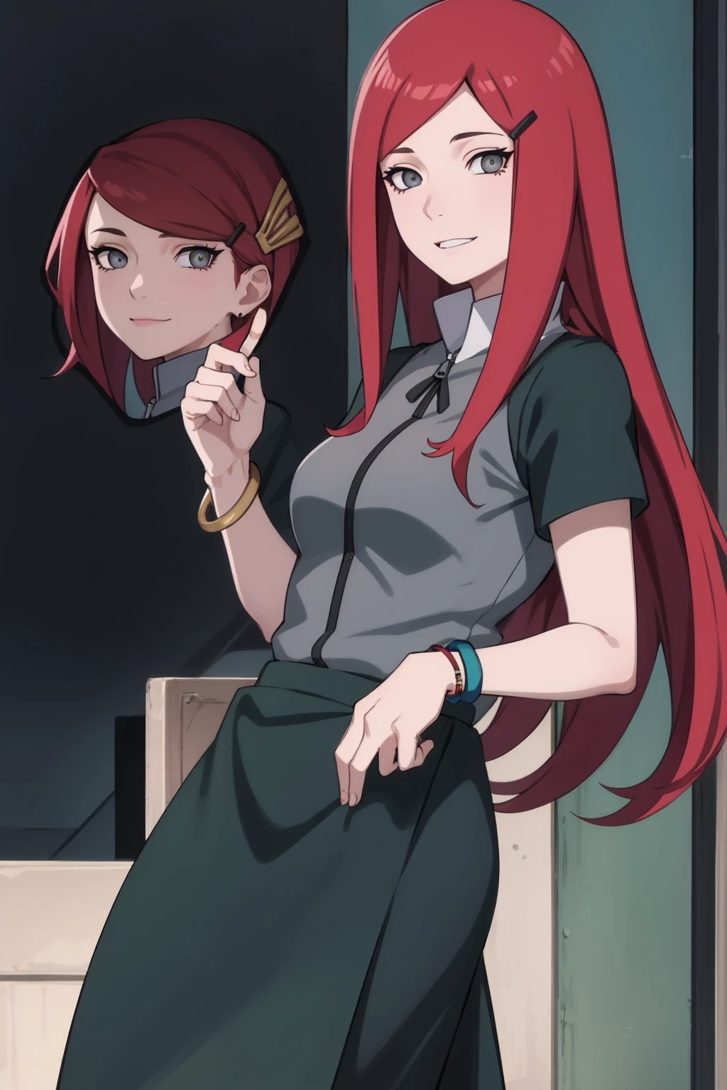 {-error_of_Anatomy:1.0} kushina, kushina, wide, hair ornament, Red hair, Red head, Hair clip, (grey eyes:1.5), break shirt, dress, jewelry, White shirt, short sleeves, oflantal, bracelet, green oflantal, neck, REST looking at the viewer, parte superior ofl cuerpo, whole body, tiro of vaquero, REST inside, BREAK (Masterpiece:1.2), Best Quality, high resolution, fondo of pantalla of unidad 8k, (illustration:0.8), (Hermosos ojos oftallados:1.6), cara extremadamente oftallada, perfect lighting, CG extremadamente oftallado, (perfect hands, Anatomy perfecta), closing your eyes in his smile