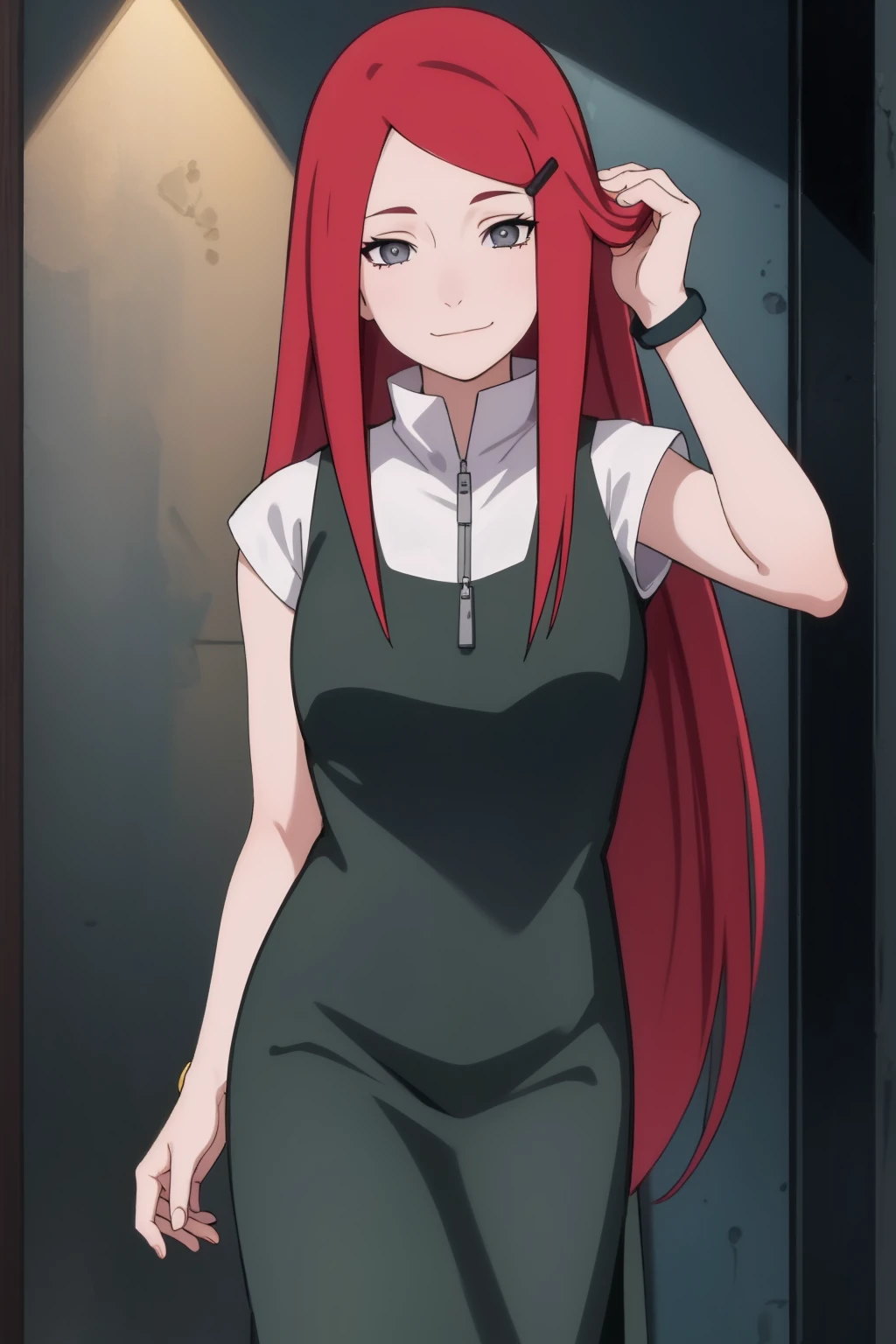 {-error_of_Anatomy:1.0} kushina, kushina, wide, hair ornament, Red hair, Red head, Hair clip, (grey eyes:1.5), break shirt, dress, jewelry, White shirt, short sleeves, oflantal, bracelet, green oflantal, neck, REST looking at the viewer, parte superior ofl cuerpo, whole body, tiro of vaquero, REST inside, BREAK (Masterpiece:1.2), Best Quality, high resolution, fondo of pantalla of unidad 8k, (illustration:0.8), (Hermosos ojos oftallados:1.6), cara extremadamente oftallada, perfect lighting, CG extremadamente oftallado, (perfect hands, Anatomy perfecta), closing your eyes in his smile