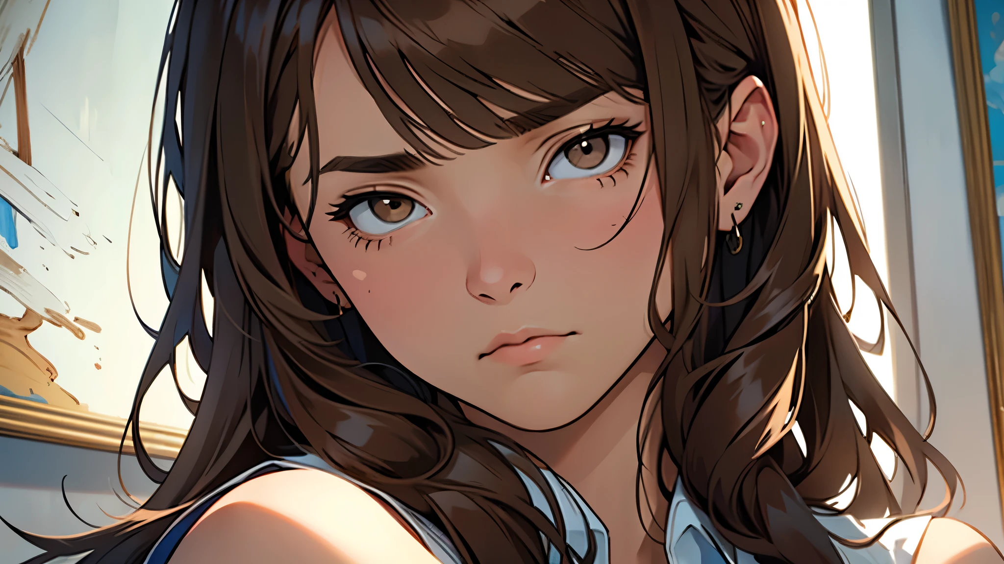 ((best quality)), ((work of art)), ((detailed)), woman, long brown hair with bangs, sad expression