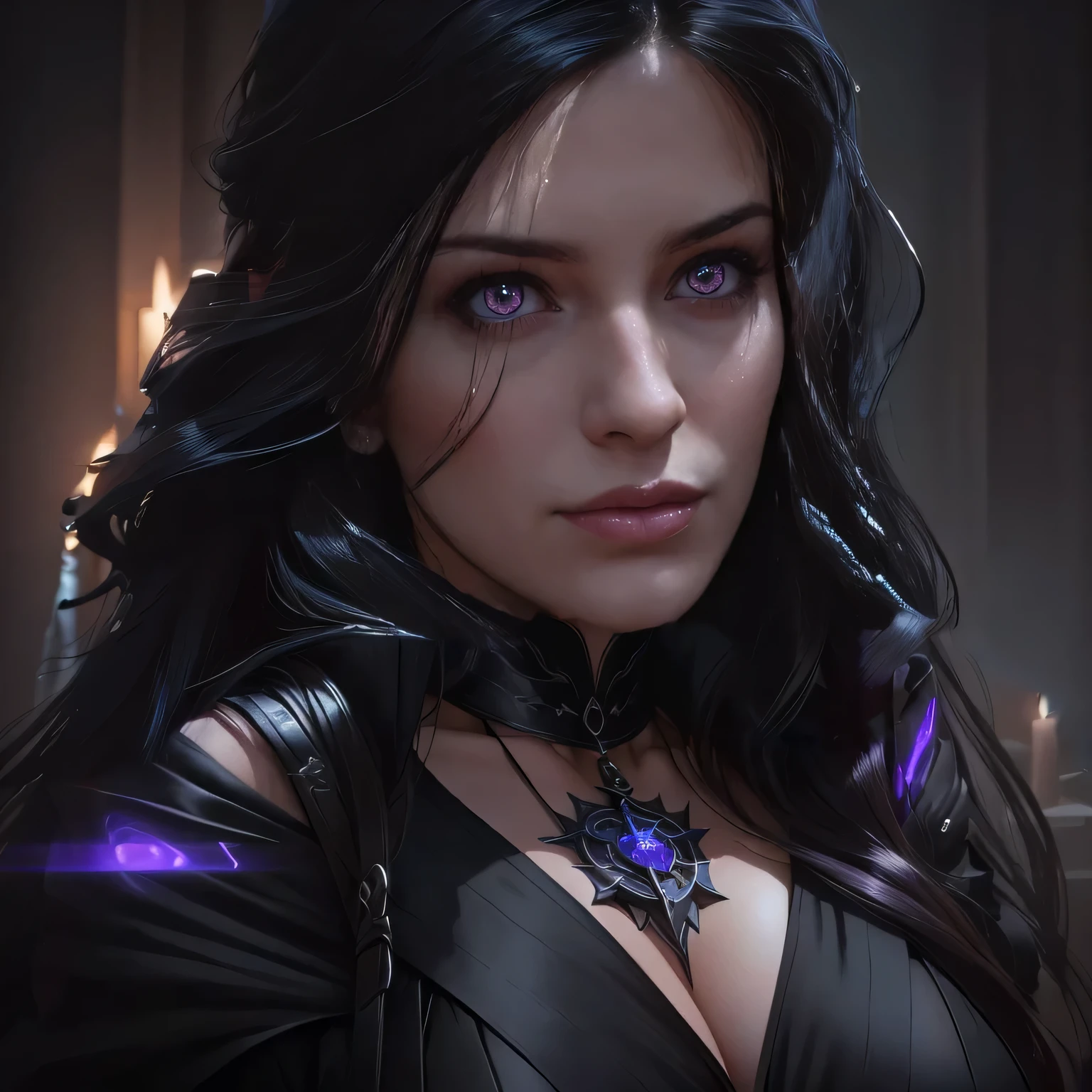 Image of a sexy sorceress who has violet eyes and dark hair. Her gaze is directed towards maritime transport. She wears a black sorceress dress with off shoulders and a large, sexy neckline showing her large breasts and contrasting strongly with her skin, breasts are sensual. yennefer, Yennefer of Vengerberg, 8k portrait rendering, cinematic bust portrait, 8k 3d rendering character art, cinematic realistic portrait, [4k photorealism], female character, mirabel madrigal rendering, 4k photorealism, 4k photorealism

