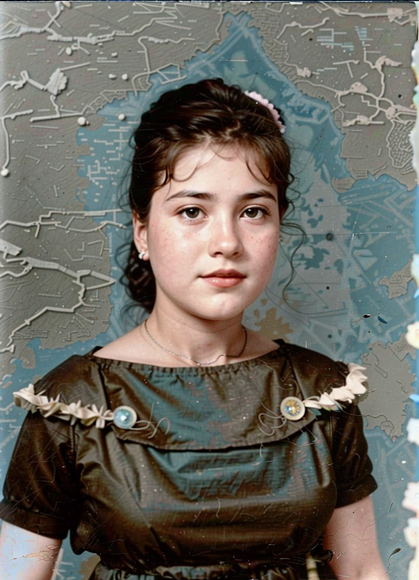 arafed photo of a young girl in a brown dress, a colorized photo,  color restoration, colored photo