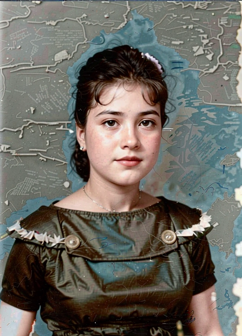 arafed photo of a young girl in a brown dress, a colorized photo, color restoration, colored photo
