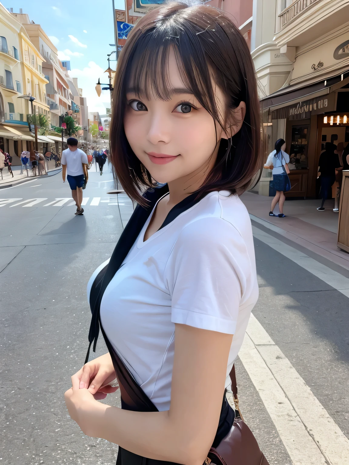 Very detailed CG Unity 8K 壁紙, Highest quality, Very detailed, masterpiece, Realistic, Realistic, Very detailed Japanese cute girls, (32 years), blush, Round eyes, Thick eyebrow chest, High resolution raw color photos, Professional photos, Portrait of sexy girl、Anatomically correct body shape、Healthy body shape、Brown short hair、smile、Write your hair、Front view、Show your side、Avoid the same pose、The whole body is shown、Female announcer、Mature Woman、Pictured alone、Has bangs、Neat clothes、City、bustling street、The whole body is shown、Disneyland、In detail