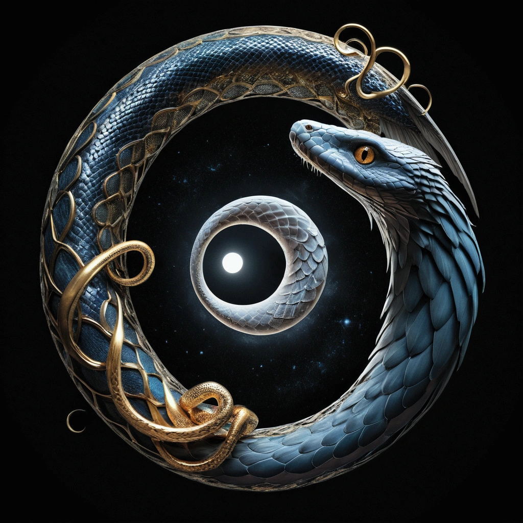 Draw for me: A snake circles and eats its own tail, In the center of the circle is a large eye of God, To the right of the snake angel&#39;s wing, And on the left are the devil&#39;s wings, Above the snake is a sacred halo full of eyes.,Better Quality, Master Parts, Ultra-high resolution, (Realistic photography:1.4), Surrealism, Like a dream,Fusion Art,  , energy, hand, flow , Ying Yang, Abstract, universe, S letter, Typography